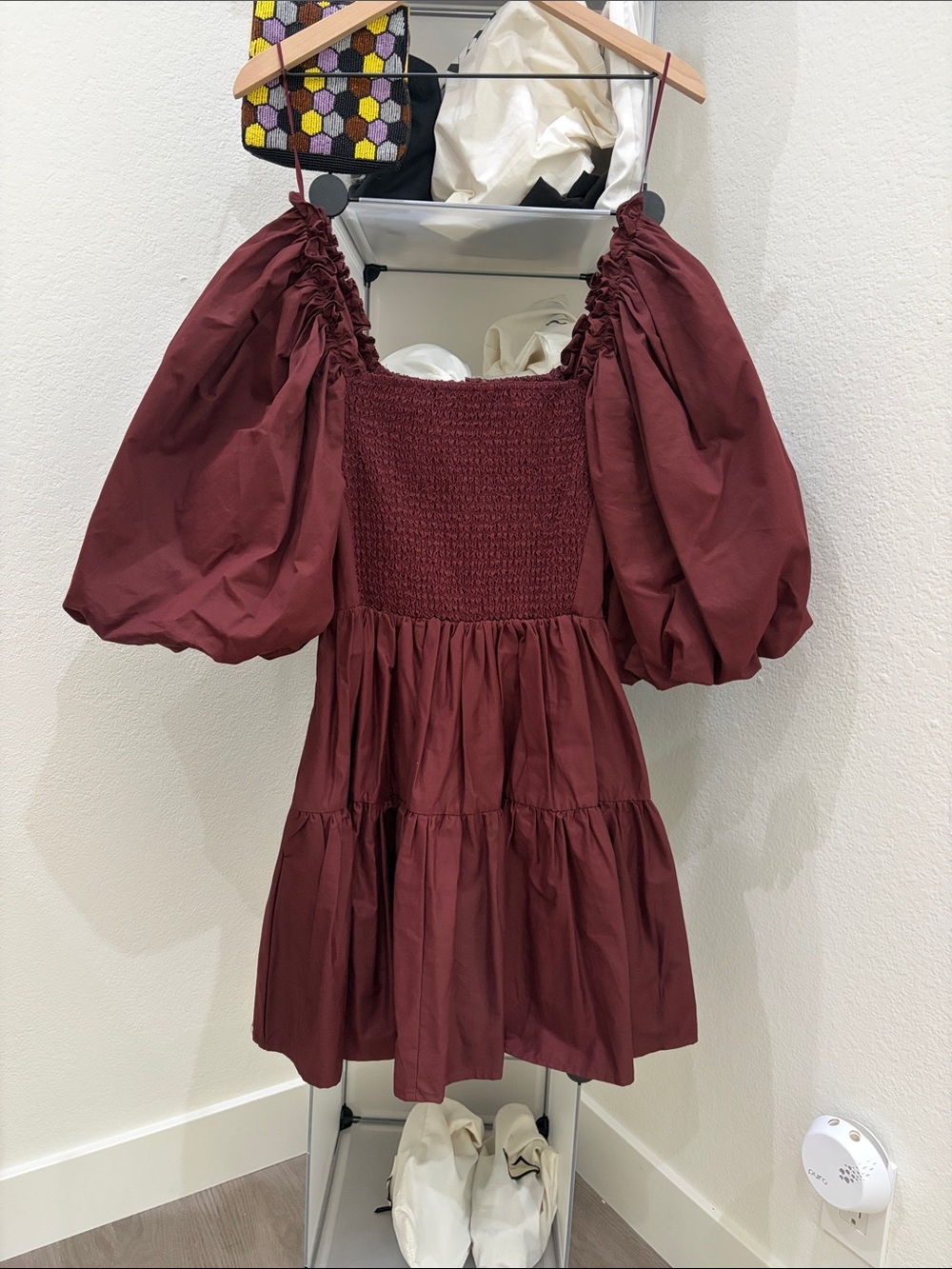 Smocked Square Neck Mini Dress with Puff Sleeves - Burgundy